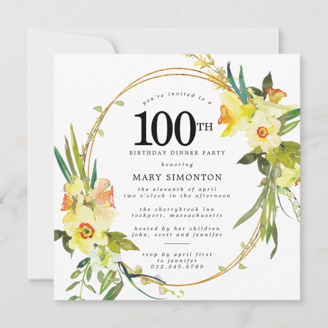 Invitación Rústico Daffodil 100 Fiesta de la cena de cumpleañ (Anverso)