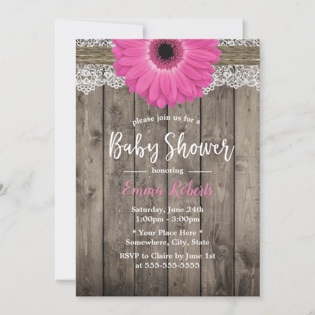 Invitación Rústico Daisy Floral Lace Blanco Baby Shower (Anverso)