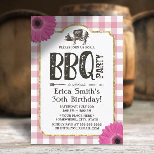 Invitación Rústico Daisy Pig Roast BQ Pink Plaid Cumpleaños