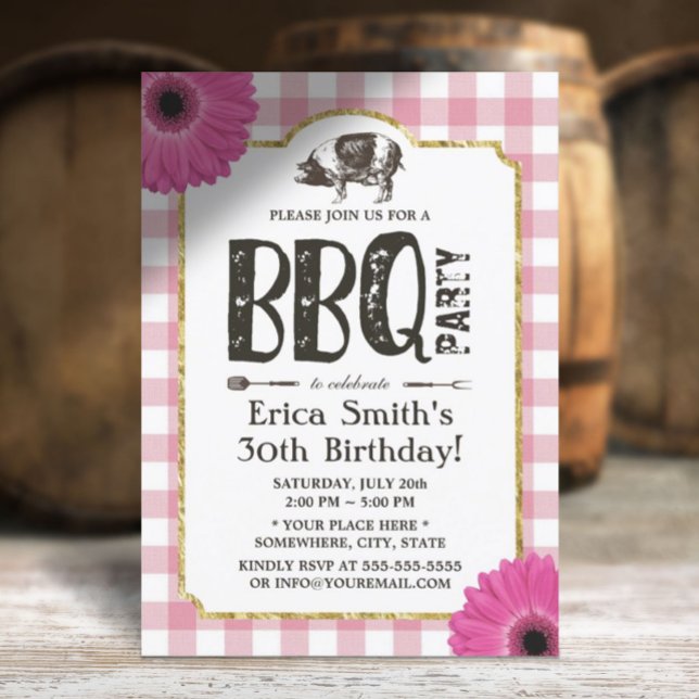 Invitación Rústico Daisy Pig Roast BQ Pink Plaid Cumpleaños (Subido por el creador)