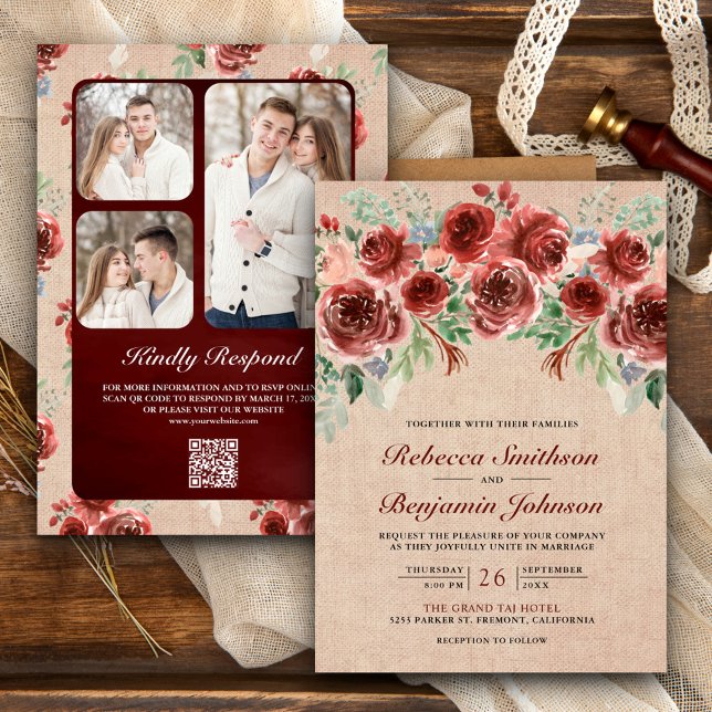 Invitación Rustico de Arpillera Marsala Floral Código QR Foto (Subido por el creador)