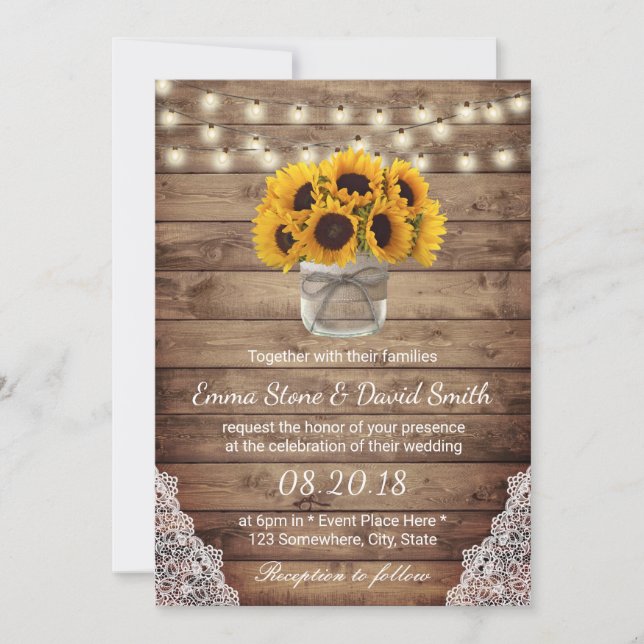 Invitación Rústico de girasoles de cuerda iluminan Boda de gr (Anverso)