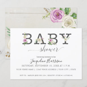 Invitación Rústico de morado blanco florístico   Baby Shower 