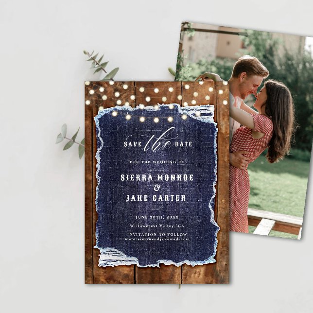 Invitación Rústico Dendim Foto Boda de Cowboy Save Date (rustic wedding save the date cowboy barn wood denim string lights ranch country western backyard)