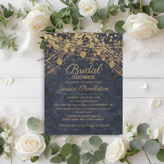 Invitación Rústico Denim Blue Gold String ilumina ducha de no (Rustic glam navy blue and gold string lights wedding Bridal Shower invitation)