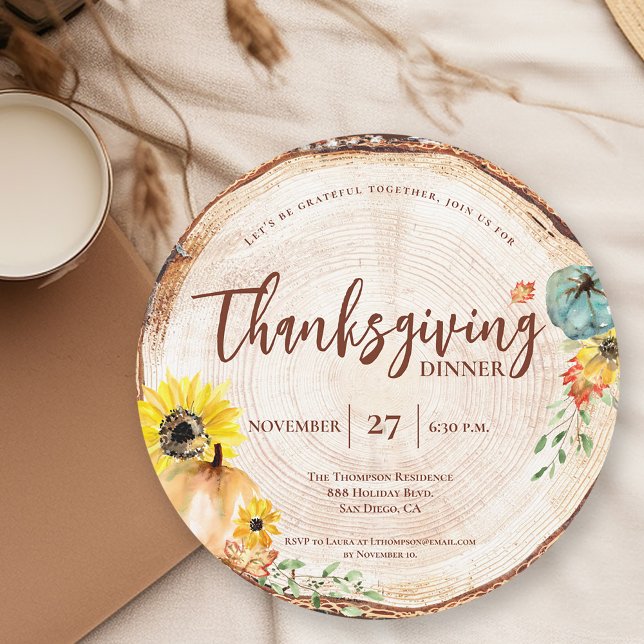 Invitación Rústico Día de Acción de Gracias Cena Calabaza Oto (Custom Thanksgiving dinner watercolor pumpkin autumn leaves invitation.)