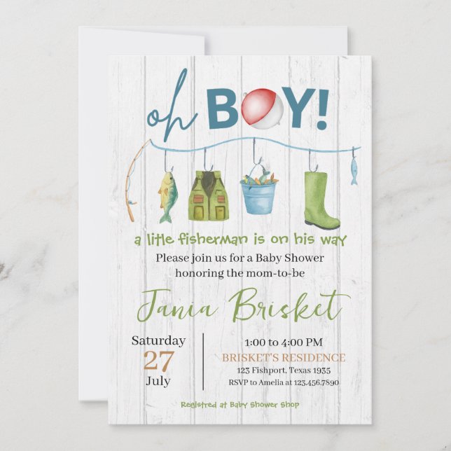 Invitación Rústico Diseño de Pesca Azul Niño Baby Shower (Anverso)