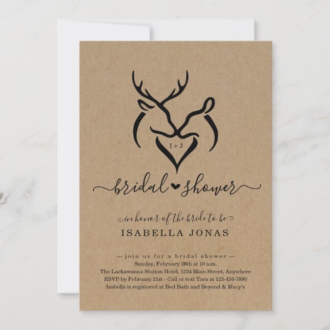 Invitación Rústico Doe & Deer Antlers Ducha de novias (Anverso)