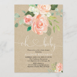 Invitación Rústico durazno floral kraft chica de bebé