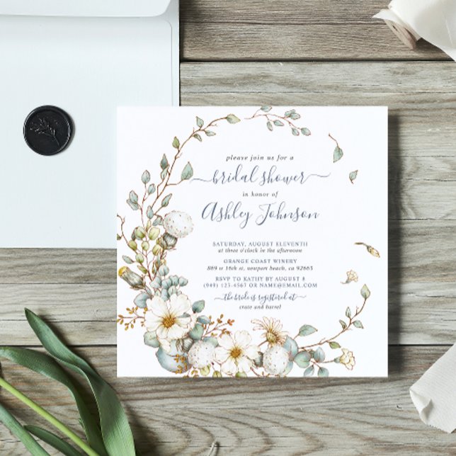 Invitación Rústico Dusty Blue Cream Floral Bridal Shower (Blooming love: Celebrate our bride-to-be in a wildflower wonder.)