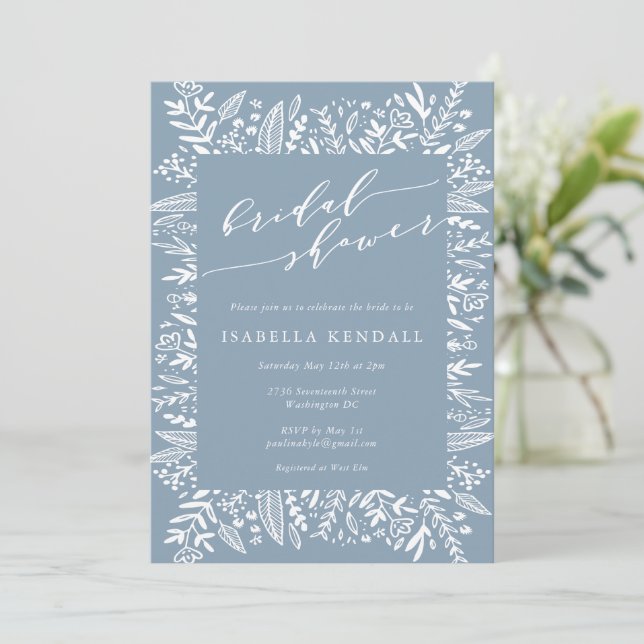 Invitación Rústico Dusty Blue Floral Line Art Bridal Shower (Anverso de pie)
