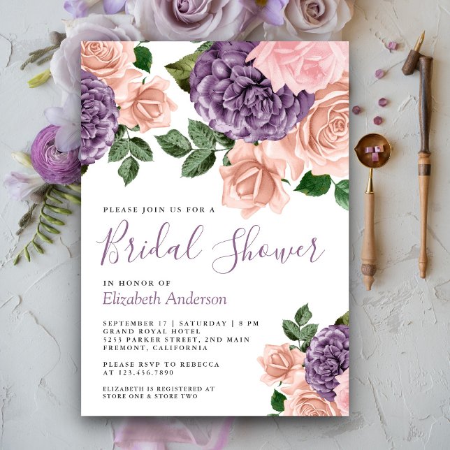 Invitación Rústico Dusty Peach Purple Floral Bridal Shower (Subido por el creador)
