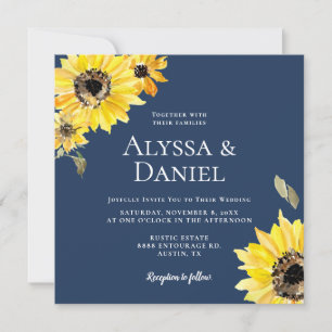 Invitación Rústico Elegante acuarela Sunflowers floral Azul