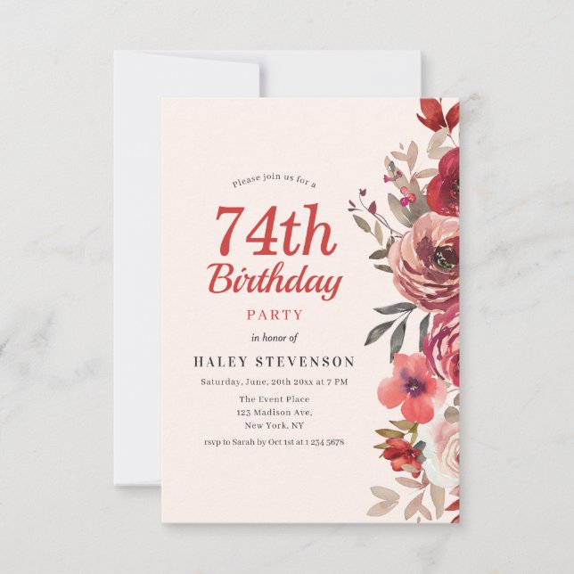 Invitación Rústico Elegante Boho Chic Floral 74 Cumpleaños (Anverso)