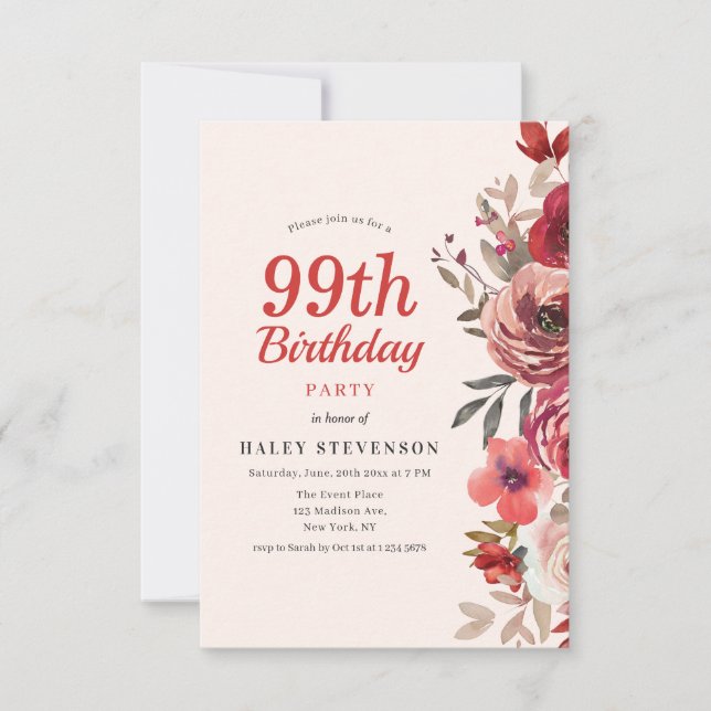 Invitación Rústico Elegante Boho Chic Floral 99 Cumpleaños (Anverso)