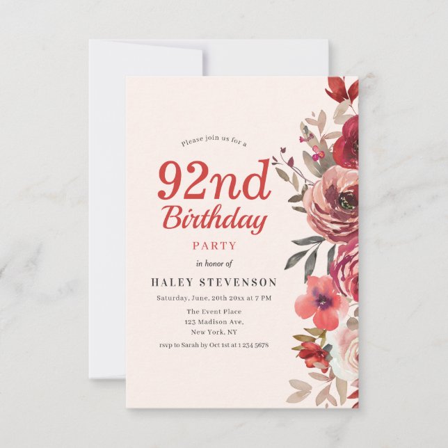 Invitación Rústico Elegante Boho Moda Floral 92º cumpleaños (Anverso)