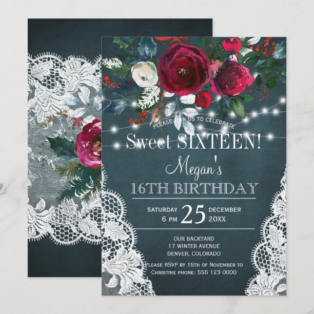 Invitación Rústico elegante borgoña floral dulce dieciséis (Anverso / Reverso)