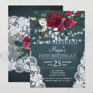 Invitación Rústico elegante floral burdeos dulces dieciséis