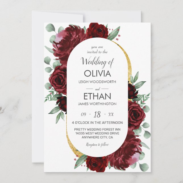 Invitación Rústico elegante Rosa Rojo Floral Oro Boda Blanco (Anverso)