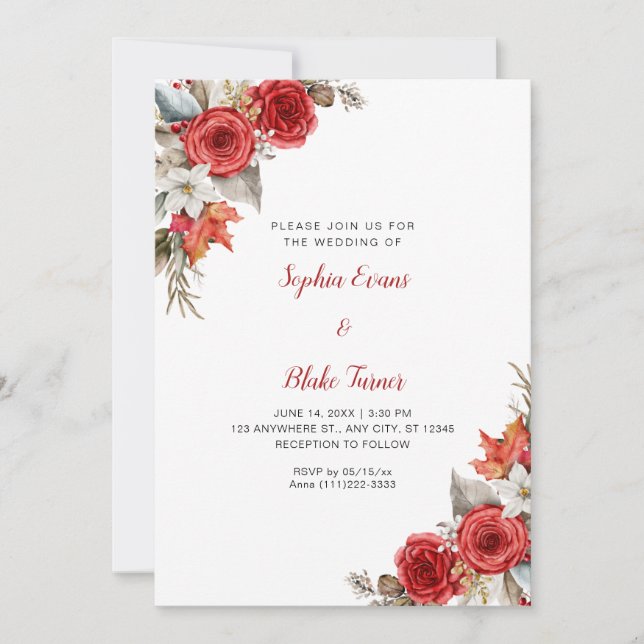 Invitación Rústico elegante Roses Rojos Cae Boda Blanco (Anverso)