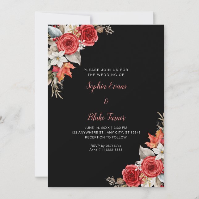 Invitación Rústico elegante Roses Rojos Cae Boda Negro (Anverso)