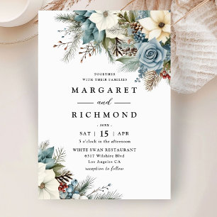 Invitación Rústico elegante y turbio Blue Floral Winter Weddi