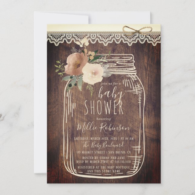 Invitación Rústico encaje y gemelo | Floral Mason Jar Baby Sh (Anverso)