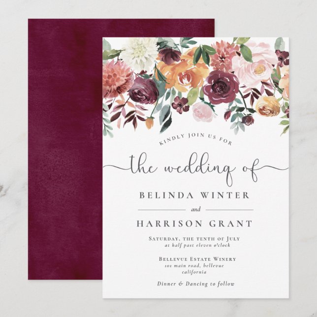 Invitación Rústico encanto Borgoña Rubor Floral Drop Boda (Anverso / Reverso)