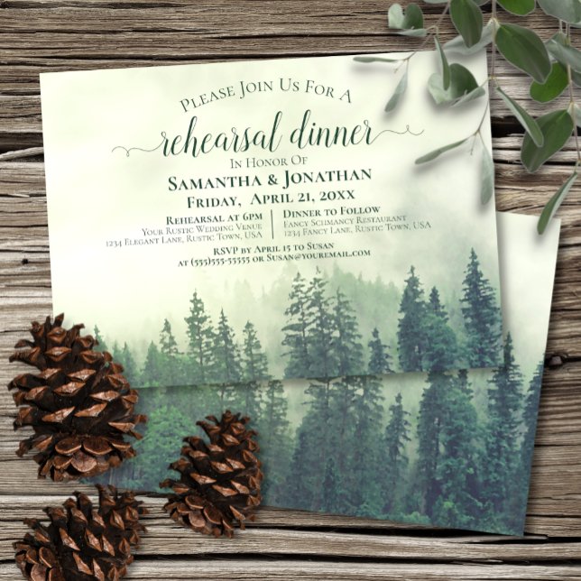 Invitación Rústico ensayo Boda de pinos verdes y cena (Subido por el creador)