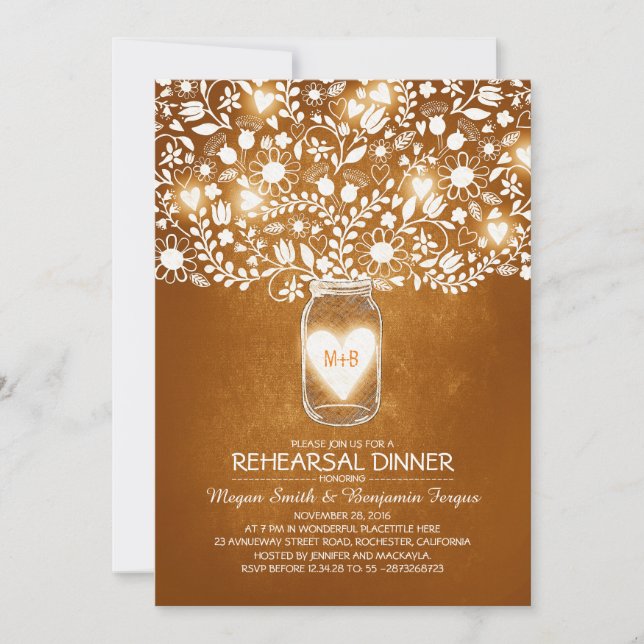 Invitación Rústico ensayo Boda y cena invitada Mason Jar (Anverso)