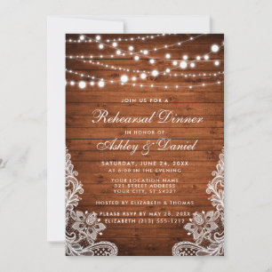 Invitación Rústico Ensayo Cena Cena Cañera de Madera Luces La