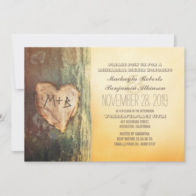 Invitación Rústico ensayo de árbol del corazón tallado cena (Anverso)