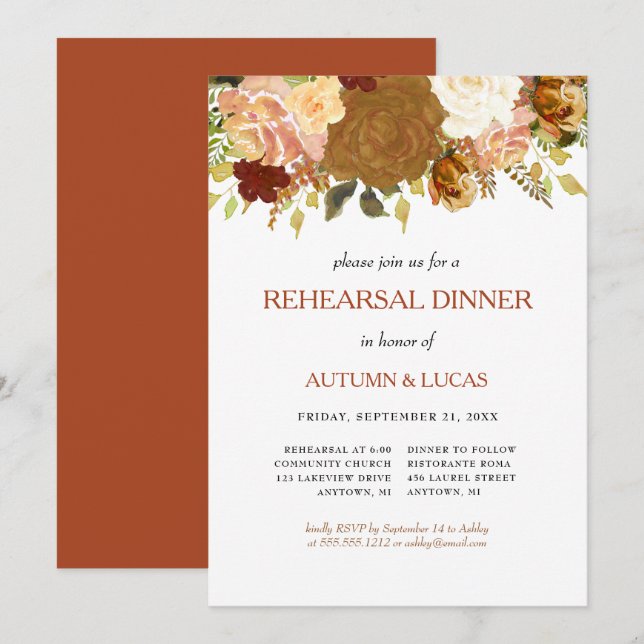 Invitación Rústico Ensayo De Arroz Floral De Otoño Cena Inv (Anverso / Reverso)