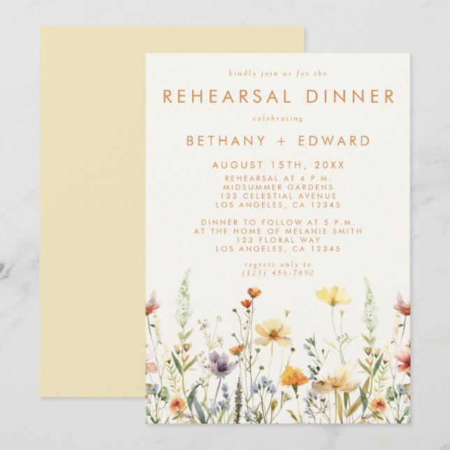 Invitación Rústico ensayo de Boda de flores silvestres (Anverso / Reverso)