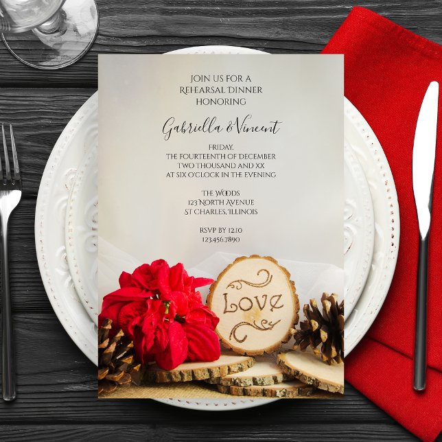 Invitación Rústico ensayo de Boda de Invierno de Poinsettia C (Subido por el creador)