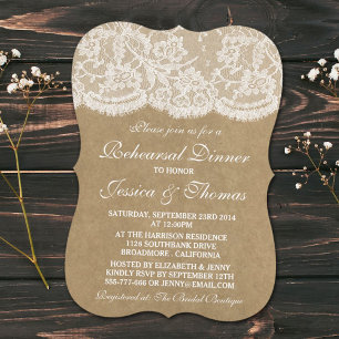 Invitación Rústico ensayo de Kraft y Lace Boda Cena