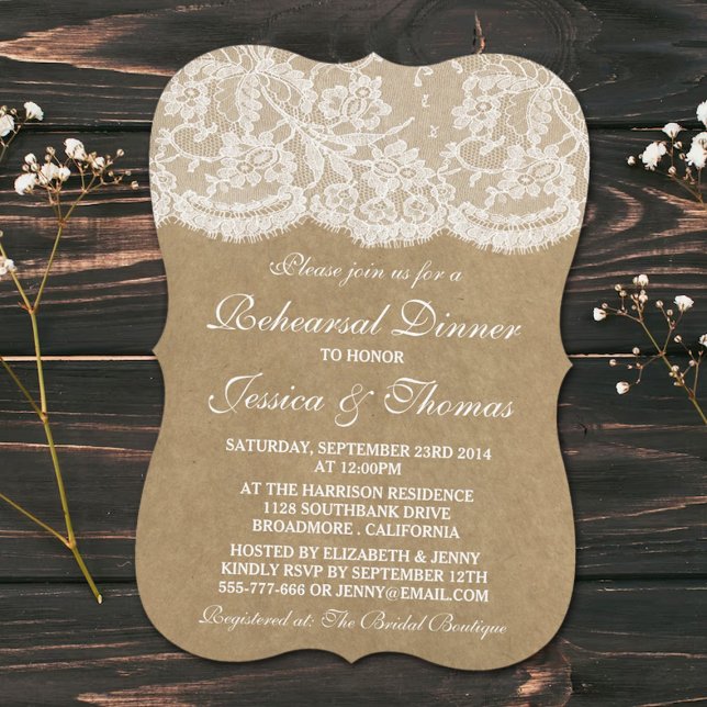 Invitación Rústico ensayo de Kraft y Lace Boda Cena (Subido por el creador)