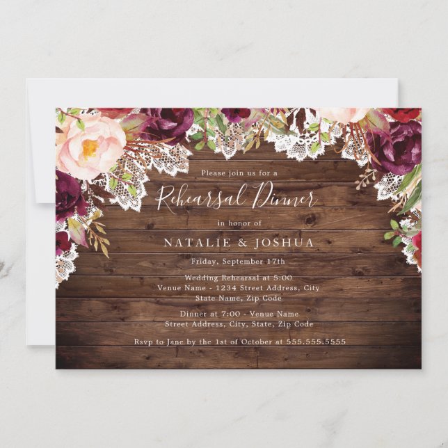 Invitación Rústico Ensayo Floral de Lace Borgoña Cena (Anverso)
