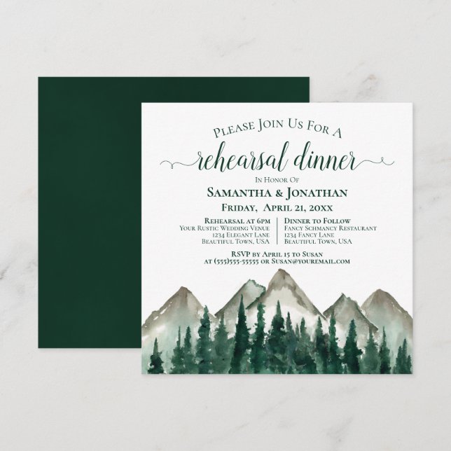 Invitación Rústico ensayo y cena de Boda de Montaña y Pino (Anverso / Reverso)