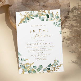 Invitación Rústico eucalipto verde oro boho ducha de novia