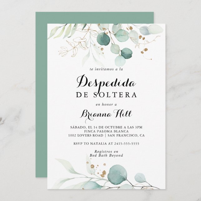Invitación Rústico Eucalyptus Oro Ducha de Novias Española (Anverso / Reverso)
