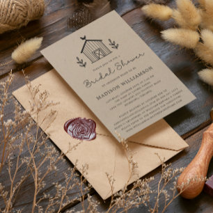 Invitación Rústico Farmhouse Barn Script QR código Ducha de n