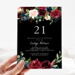 Invitación Rústico Fiesta Botánico 21 de Cumpleaños<br><div class="desc">Esta rústica invitación botánica negra para la fiesta de cumpleaños 21 es perfecta para una celebración clásica de cumpleaños. El diseño se caracteriza por un radiante de color burdeos,  rojo,  marino,  azul y rubor y unas bonitas flores pintadas a mano con un fondo negro que inspiran la belleza natural.</div>