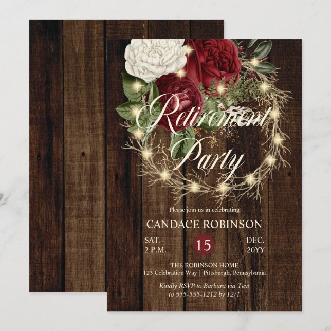 Invitación Rústico Fiesta de Jubilación Wreath con Luz Woodsy (Anverso / Reverso)