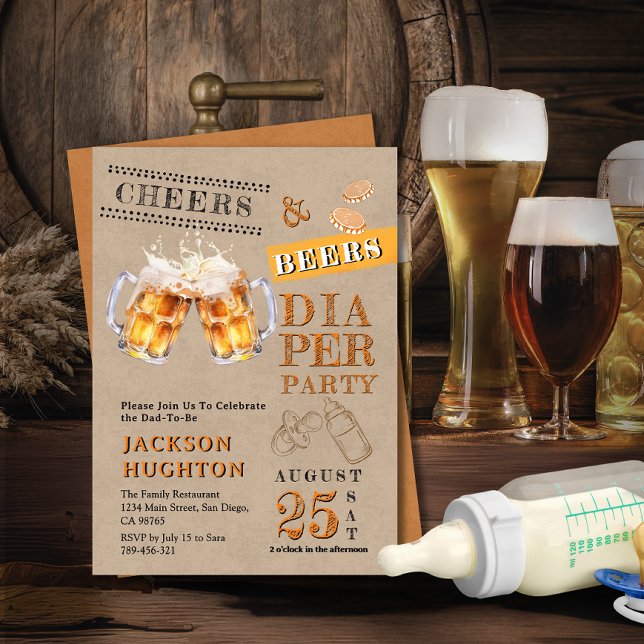 Invitación Rústico Fiesta de pañales Kraft Cheers & Beers (Rustic Kraft Cheers & Beers Diaper Party Invitation)