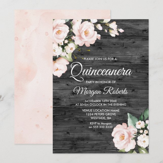 Invitación Rústico Fiesta de Quinceanera floral rosa y blanca (Anverso / Reverso)