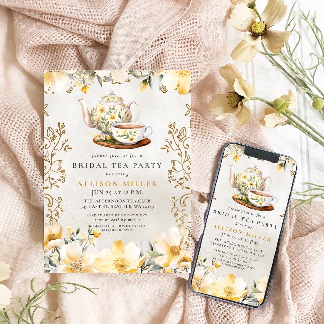Invitación Rústico Fiesta de té floral amarillo ducha de novi (Rustic Yellow Floral Tea Party Bridal Shower Invitation)