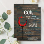 Invitación Rústico Fiesta sorpresa de vino rojo 60 cumpleaños<br><div class="desc">Invitación a la Fiesta de Sorpresa por el Vino Rojo de Madera Rústica. Invitación de cumpleaños con un fondo rústico de madera oscura y vidrio abstracto con vino tinto. El texto está en un guión blanco de moda y es fácilmente personalizable - personalizarlo con su nombre, edad, fecha, ubicación y...</div>