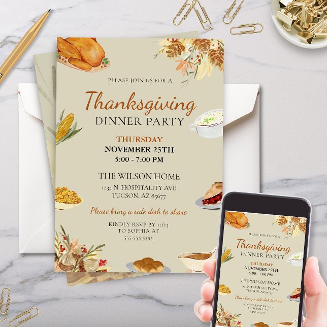 Invitación Rústico Fiesta tradicional de la cena de Acción de (Traditional Thanksgiving Dinner Party invitation with turkey fall floral pie stuffing and corn)