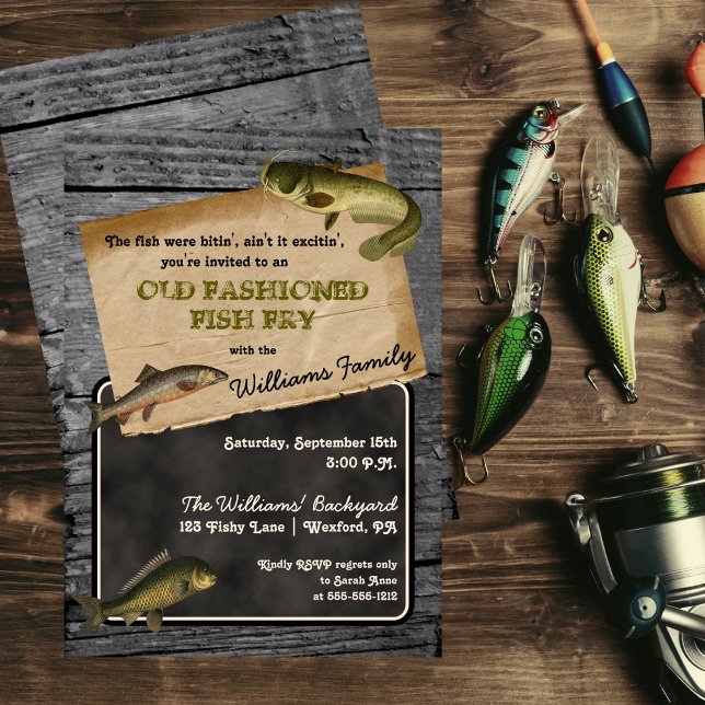 Invitación Rústico Fish Fry Backyard Cooknic (Rustic Old Fashioned Fish Fry Backyard Cookout Picnic Invitation)